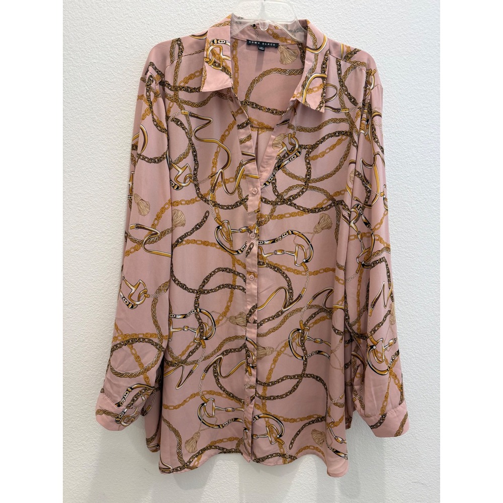 Como Black Womens 3X Pink Chain Print Button Up Blouse Equestrian‎ Tassel Bits